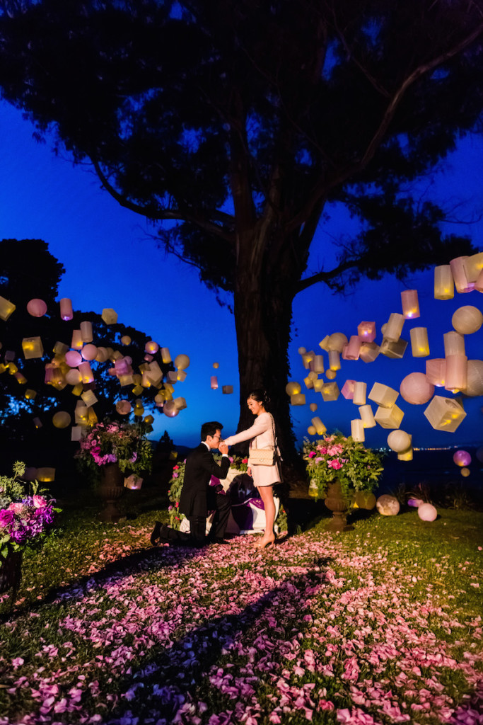 Fairytale marriage proposal with flowers and lantern decorum 