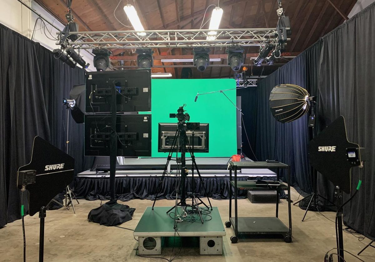 webcast production behind the scenes camera, lights and green screen set-up
