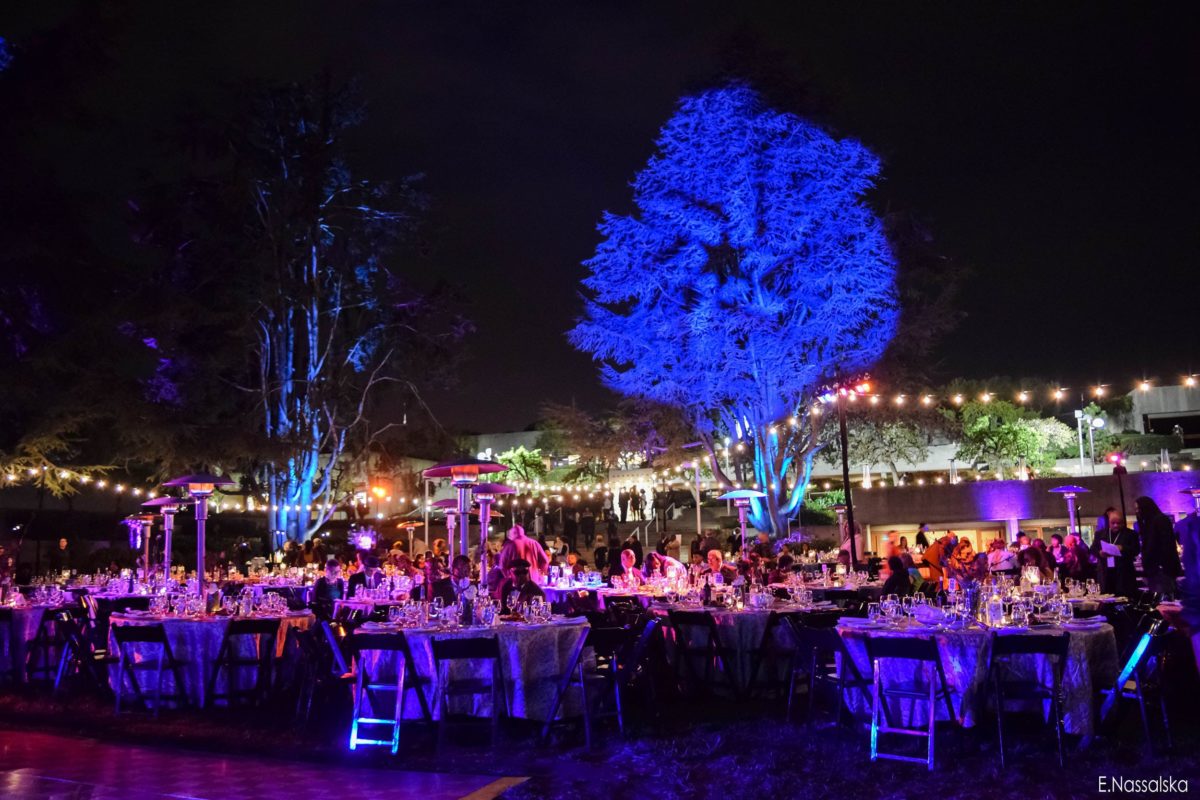 Outdoor string lighting set-up for Non-profit event dining