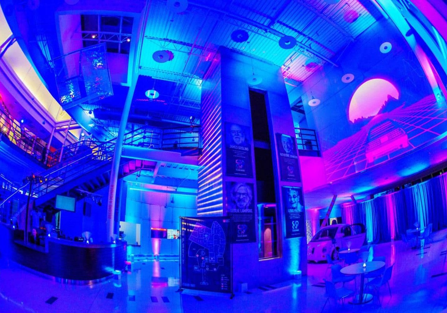 image of a beautiful event space with blue and pink tones